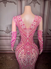 Load image into Gallery viewer, Nude Mesh Pink Crystal Embellished Gown with Sleeves & Slit