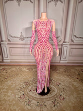 Load image into Gallery viewer, Nude Mesh Pink Crystal Embellished Gown with Sleeves & Slit