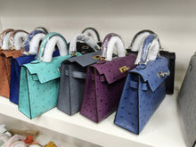 Load image into Gallery viewer, Non Branded- No Logo (Ostrich Skin) 19 cm Handmade Luxury Ostrich Skin Leather Bag with Lambskin leather Interior.