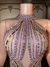 Load image into Gallery viewer, Nude Illusion Pink Crystal & Gold Mirror High-Slit Gown