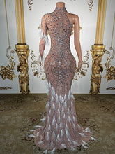 Load image into Gallery viewer, Nude Illusion Crystal & White Feather One-Shoulder Gown