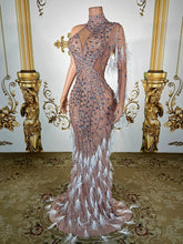 Load image into Gallery viewer, Nude Illusion Crystal & White Feather One-Shoulder Gown