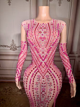 Load image into Gallery viewer, Nude Mesh Pink Crystal Embellished Gown with Sleeves & Slit