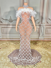 Load image into Gallery viewer, Nude Illusion Pearl & White
Feather Off-the-Shoulder
Gown