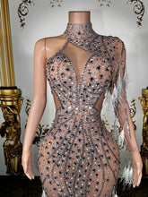 Load image into Gallery viewer, Nude Illusion Crystal & White Feather One-Shoulder Gown