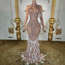 Load image into Gallery viewer, Nude Illusion Crystal & White Feather One-Shoulder Gown