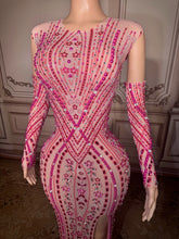 Load image into Gallery viewer, Nude Mesh Pink Crystal Embellished Gown with Sleeves & Slit