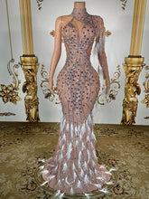 Load image into Gallery viewer, Nude Illusion Crystal & White Feather One-Shoulder Gown