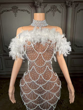 Load image into Gallery viewer, Nude Illusion Pearl &amp; White
Feather Off-the-Shoulder
Gown
