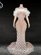 Load image into Gallery viewer, Nude Illusion Pearl &amp; White
Feather Off-the-Shoulder
Gown
