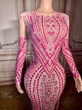 Load image into Gallery viewer, Nude Mesh Pink Crystal Embellished Gown with Sleeves &amp; Slit
