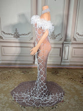 Load image into Gallery viewer, Nude Illusion Pearl &amp; White
Feather Off-the-Shoulder
Gown

