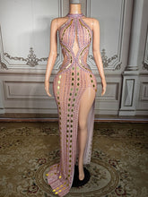 Load image into Gallery viewer, Nude Illusion Pink Crystal &amp; Gold Mirror High-Slit Gown

