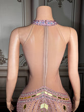 Load image into Gallery viewer, Nude Illusion Pink Crystal &amp; Gold Mirror High-Slit Gown

