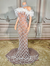Load image into Gallery viewer, Nude Illusion Pearl &amp; White
Feather Off-the-Shoulder
Gown

