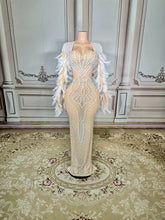Load image into Gallery viewer, Nude Illusion Pearl &amp; Crystal Feather Sleeve
Evening Gown
