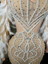 Load image into Gallery viewer, Nude Illusion Pearl &amp; Crystal Feather Sleeve
Evening Gown
