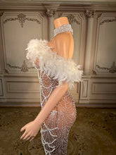 Load image into Gallery viewer, Nude Illusion Pearl &amp; White
Feather Off-the-Shoulder
Gown
