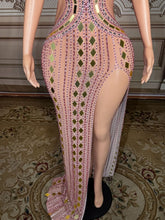 Load image into Gallery viewer, Nude Illusion Pink Crystal &amp; Gold Mirror High-Slit Gown
