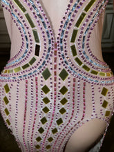 Load image into Gallery viewer, Nude Illusion Pink Crystal &amp; Gold Mirror High-Slit Gown
