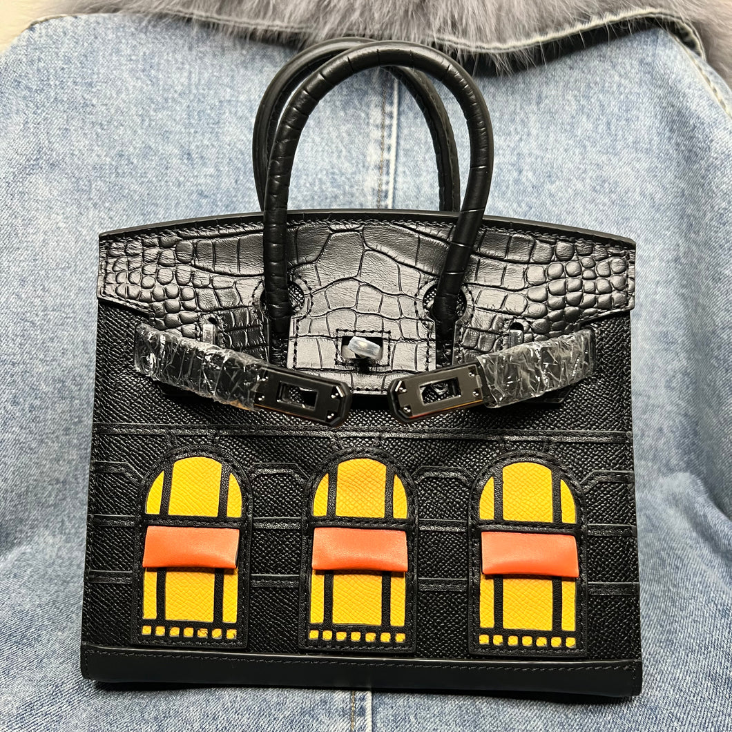 (Epsom Leather) Black Croc Embossed Window Bag 20cm