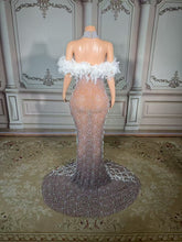 Load image into Gallery viewer, Nude Illusion Pearl &amp; White
Feather Off-the-Shoulder
Gown
