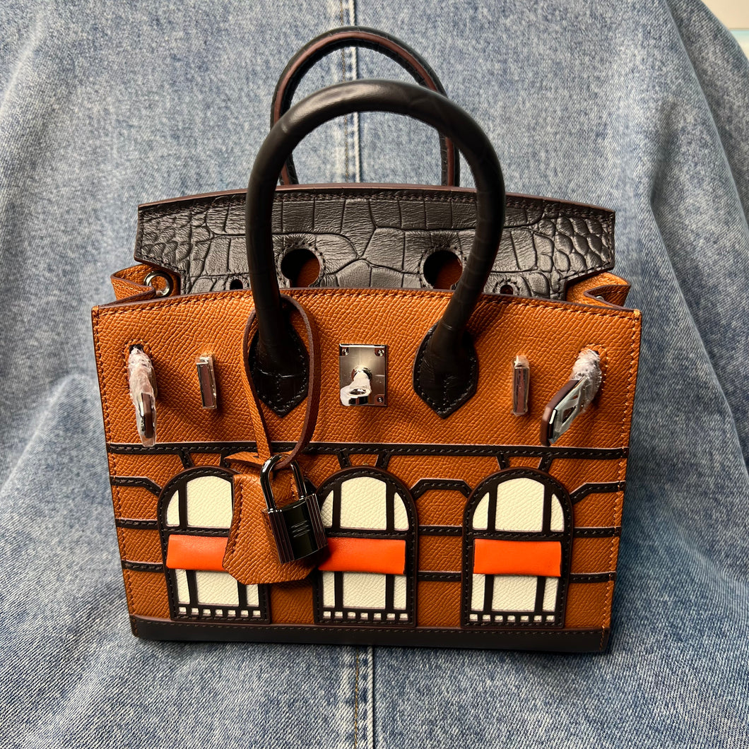 (Epsom Leather) Brown Croc Embossed Window Bag 20cm