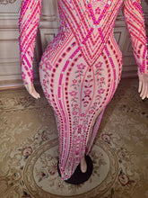 Load image into Gallery viewer, Nude Mesh Pink Crystal Embellished Gown with Sleeves &amp; Slit
