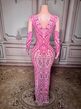 Load image into Gallery viewer, Nude Mesh Pink Crystal Embellished Gown with Sleeves &amp; Slit
