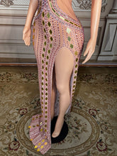 Load image into Gallery viewer, Nude Illusion Pink Crystal &amp; Gold Mirror High-Slit Gown
