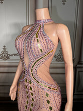 Load image into Gallery viewer, Nude Illusion Pink Crystal &amp; Gold Mirror High-Slit Gown
