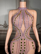 Load image into Gallery viewer, Nude Illusion Pink Crystal &amp; Gold Mirror High-Slit Gown
